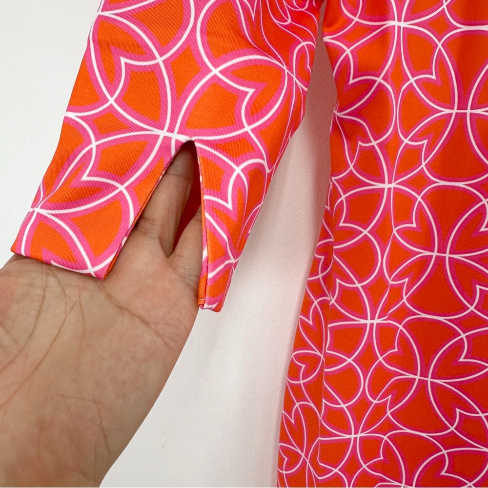 Gretchen Scott Jersey Ruffneck Dress in Geometric Floral Pink and Orange - Picture 5 of 7